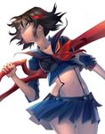  bad_id bad_pixiv_id black_hair blue_eyes breasts kate_(sucharek) kill_la_kill matoi_ryuuko medium_breasts midriff multicolored_hair navel red_hair school_uniform scissor_blade senketsu short_hair skirt suspenders sword two-tone_hair weapon 