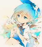  blue_eyes blue_hair bow cirno hair_bow ice ichizen_(o_tori) md5_mismatch ribbon short_hair smile solo touhou wings 