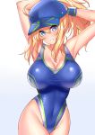  1girl arms_behind_head arms_up artoria_pendragon_(all) baseball_cap blonde_hair blue_eyes blue_hat blue_swimsuit breasts cleavage competition_swimsuit covered_navel fate/grand_order fate_(series) grey_background hat highres large_breasts long_hair looking_at_viewer mysterious_heroine_xx_(foreigner) one-piece_swimsuit ponytail sankakusui simple_background smile solo swimsuit 