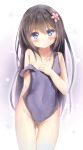  1girl :&lt; ass_visible_through_thighs bangs bare_arms bare_shoulders black_hair blue_eyes blue_swimsuit blush breasts closed_mouth collarbone commentary_request covered_navel eyebrows_visible_through_hair flower groin hair_between_eyes hair_flower hair_ornament hand_up highres long_hair looking_at_viewer na!?_(naxtuyasai) one-piece_swimsuit pink_flower shirosaki_hana small_breasts solo strap_slip swimsuit thigh_gap very_long_hair watashi_ni_tenshi_ga_maiorita! 