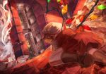  bad_id bad_pixiv_id bat_wings blonde_hair boots building flandre_scarlet flying from_behind hat mob_cap multiple_girls outdoors remilia_scarlet short_hair siblings sisters skirt skirt_set spear_the_gungnir touhou touro wings 