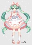  blush bow bowtie breasts cleavage dress green_eyes green_hair hair_bow hatsune_miku highres himaya long_hair looking_at_viewer medium_breasts open_mouth pigeon-toed skirt_hold socks solo standing treble_clef twintails very_long_hair vocaloid 