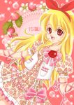  :d aikatsu! aikatsu!_(series) bad_id bad_pixiv_id blonde_hair blush bow dress flower food food_print frilled_dress frills fruit glint hair_ribbon hairband heart heart_print hoshimiya_ichigo leaf long_hair looking_at_viewer number open_mouth pink_background pink_bow plant red_eyes red_flower red_rose ribbon rose short_sleeves smile solo sparkle strawberry strawberry_print tareme 