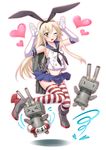  &gt;_&lt; :3 anchor anchor_hair_ornament blonde_hair blush closed_eyes elbow_gloves gloves hair_ornament hairband heart kantai_collection lifebuoy long_hair navel one_eye_closed open_mouth rensouhou-chan rozario00 shimakaze_(kantai_collection) skirt striped striped_legwear thighhighs white_gloves yellow_eyes 