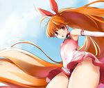  1girl absurdly_long_hair blossom_(ppg) blue_sky breasts covered_navel day dress elbow_gloves from_below gloves hair_ribbon long_hair naso4 orange_hair ponytail powerpuff_girls red_eyes ribbon sky sleeveless sleeveless_dress small_breasts solo thick_thighs thighs very_long_hair 