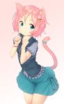  animal_ears blue_eyes blush bracelet cat_ears cat_tail eyelashes fang hair_ornament hairclip jewelry looking_at_viewer original pink_hair polka_dot short_hair skirt solo tail tareme zizi_(zz22) 