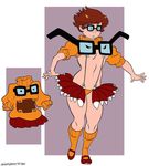  ariel_guadalupe braces breasts brown_hair commentary freckles glasses kamui_(kill_la_kill) kill_la_kill living_clothes miniskirt parody scooby-doo short_hair skirt sweater turtleneck underboob velma_dace_dinkley 