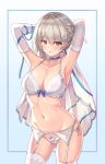  1girl armpits arms_up bangs blue_ribbon blush bra breasts bridal_veil cenangam cleavage collarbone cowboy_shot earrings elbow_gloves eyebrows_visible_through_hair flying_sweatdrops garter_belt garter_straps girls_frontline gloves groin hair_ornament jewelry looking_at_viewer medium_breasts navel panties ribbon short_hair silver_hair solo stomach thighhighs underwear underwear_only vector_(girls_frontline) veil white_bra white_gloves white_legwear white_panties yellow_eyes 