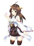  ;) ahoge bad_id bad_pixiv_id bare_shoulders brown_hair detached_sleeves double_bun frilled_skirt frills hairband heart highres japanese_clothes kantai_collection kongou_(kantai_collection) long_hair nontraditional_miko one_eye_closed ribbon-trimmed_sleeves ribbon_trim simple_background skirt smile solo thighhighs white_background yutazou 