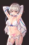  1girl armpits arms_up bangs blue_irbbon blush bra breasts bridal_veil cenangam choker cleavage collarbone cowboy_shot earrings elbow_gloves eyebrows_visible_through_hair flying_sweatdrops garter_belt garter_straps girls_frontline gloves groin hair_ornament heart heavy_breathing jewelry looking_at_viewer medium_breasts navel open_mouth panties pubic_tattoo short_hair silver_hair solo stomach sweat tattoo thighhighs underwear underwear_only vector_(girls_frontline) veil white_bra white_legwear white_panties whtie_gloves yellow_eyes 