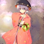  bowl chiro_(bocchiropafe) cloud cloudy_sky frown highres holding_needle japanese_clothes kimono lavender_hair long_sleeves mallet miracle_mallet needle obi purple_eyes reverse_grip sash short_hair sky solo sukuna_shinmyoumaru touhou 