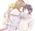  2boys black_hair blonde_hair blue_eyes brown_hair crying crying_with_eyes_open hug iki_hiyori long_hair modoromi multiple_boys noragami school_uniform simple_background snot tears white_background yato_(noragami) yellow_eyes yukine_(noragami) 