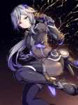  1girl arm_strap bangs black_bodysuit black_gloves blue_eyes bodysuit boots breasts elbow_gloves fu_hua gauntlets gloves hair_between_eyes hair_ornament hand_up highres honkai_(series) honkai_impact_3 jumping lightning long_hair looking_at_viewer medium_breasts ponytail power_suit shadow_knight_(honkai_impact) sidelocks small_breasts solo thigh_boots thighhighs tied_hair v-shaped_eyebrows wsman 
