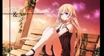  bench blonde_hair butterfly_hair_ornament camisole commentary_request english hair_ornament ia_(vocaloid) knees_up long_hair purple_eyes sitting solo very_long_hair vocaloid yuuki_kira 