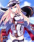  bismarck_(kantai_collection) blonde_hair blue_eyes breasts brown_gloves detached_sleeves gloves hat kantai_collection karakuri_neko_(tkfm) large_breasts long_hair peaked_cap solo thighhighs zettai_ryouiki 