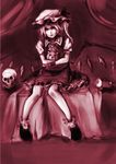  bad_id bad_pixiv_id dress expressionless flandre_scarlet hat hat_ribbon highres holding lisitsa looking_at_viewer mob_cap monochrome open_mouth red red_eyes ribbon short_hair short_sleeves side_ponytail sitting skull socks solo stuffed_animal stuffed_toy teddy_bear touhou wings 