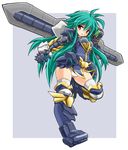  armor gauntlets green_hair karukan_(monjya) long_hair polaris_(shinrabanshou) red_eyes shinrabanshou solo sword weapon 