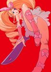  bad_id bad_pixiv_id big_hair blonde_hair blue_eyes boots bow drill_hair eyepatch hair_bow harime_nui kill_la_kill long_hair matsuba_(idiotlantern) panties pink_bow pink_footwear red_background scissor_blade solo spoilers tongue tongue_out twin_drills twintails underwear upskirt white_panties wrist_cuffs 