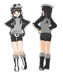  akidenmania bike_shorts black_hair dokurohime flat_chest from_behind hands_on_hips jacket long_hair looking_at_viewer multiple_views open_mouth original red_eyes simple_background smile track_jacket turnaround white_background 