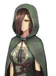  breasts brown_eyes cloak dark_souls_ii emerald_herald gloves hair_over_one_eye hidezi hood hooded_cloak light_smile medium_breasts simple_background solo souls_(from_software) white_background 