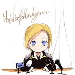  :o bangs blonde_hair blue_eyes blush character_name chibi desk epaulettes long_sleeves looking_at_viewer microphone natalia_poklonskaya necktie real_life real_life_insert republic_of_crimea russia short_hair sketch sleeves_past_wrists solo swept_bangs uniform upper_body yostxxx 