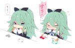  1girl bangs black_ribbon black_serafuku black_skirt blue_ribbon bongo_cat buttons chibi commentary_request detached_sleeves eyes_closed green_eyes green_hair hair_between_eyes hair_ornament hair_ribbon hairclip heart kantai_collection long_hair meme multiple_views neckerchief parted_bangs ponytail ribbon school_uniform serafuku sidelocks skirt twitter watanon_(gakushokutei) white_background yamakaze_(kantai_collection) 