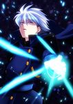  blue_background blue_eyes coat energy keith_evans male_focus psychic_force silver_hair solo wakana_(supernova0123) 