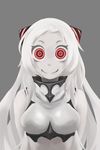  absurdres airfield_hime breasts crazy_eyes deel_(rkeg) grey_background hairpods highres horror_(theme) kantai_collection long_hair medium_breasts monster_girl red_eyes ringed_eyes shinkaisei-kan smile solo upper_body white_hair white_skin 
