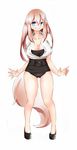  absurdres amuse_(ridge212) animal_ears bad_id bad_pixiv_id banned_artist blue_eyes breasts brown_hair cleavage dog_ears grin highres large_breasts legs leotard long_hair open_clothes open_shirt original shirt simple_background smile solo tail white_background 