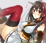  bad_id bad_twitter_id banned_artist black_hair blush headgear kantai_collection legs_up long_hair looking_at_viewer lying nagato_(kantai_collection) okia on_back red_eyes red_legwear solo thighhighs 