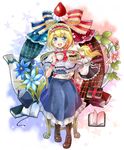  alice_margatroid apron bad_id bad_pixiv_id blonde_hair blue_eyes blush_stickers book boots bow capelet chair cross-laced_footwear cup cupcake curtains dress flower flower_request flying food fruit gradient gradient_background hair_bow hairband ivy lolita_hairband long_hair looking_at_viewer maguroido open_book open_mouth plate ribbon sash saucer shanghai_doll short_hair sitting solo star strawberry teacup touhou waist_apron wrist_cuffs 