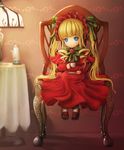  bangs black_footwear blonde_hair blue_eyes blunt_bangs bonnet bow capelet chair coffee_pot cup curly_hair dress foot_dangle full_body hair_ribbon holding holding_cup indoors kome_(okome-smile) lamp long_dress long_hair long_sleeves looking_at_viewer petite red_capelet red_dress ribbon rozen_maiden saucer shinku shoe_flower shoes sidelocks sitting solo table tablecloth teacup twintails wallpaper_(object) 