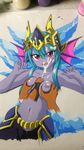  1girl angry blue_skin cum demon demon_girl disembodied_hands disembodied_penis facial female frost_demon_(p&amp;d) green_hair hasamimushi head_fins hetero ice male paizuri penis puzzle_&amp;_dragons red_eyes tears topless 