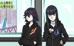  bad_id bad_pixiv_id black_hair blue_eyes blush casual elsa_(frozen) frozen_(disney) hand_on_hip hands_in_pockets hood hoodie kill_la_kill kiryuuin_satsuki long_hair matoi_ryuuko multicolored_hair multiple_girls penny_is_unko senketsu short_hair streaked_hair watch 