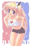  bent_over blonde_hair blue_eyes copyright_request hand_on_hip kazakami_shun long_hair midriff navel side_ponytail solo thigh_gap 