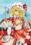  adapted_costume blonde_hair car conductance flandre_scarlet ground_vehicle hat midriff motor_vehicle navel red_eyes solo thighhighs touhou traditional_media 