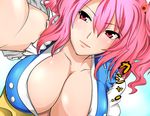  bad_id bad_pixiv_id bangs blush breasts cleavage dutch_angle frills hair_bobbles hair_ornament highres huge_breasts no_bra onozuka_komachi pink_eyes pink_hair short_hair sian smile solo touhou translated two_side_up upper_body 