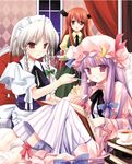  barefoot black_tea book braid cake chair cup feeding food fork fruit head_wings indoors izayoi_sakuya koakuma miyasu_risa multiple_girls open_mouth patchouli_knowledge plate sitting slice_of_cake strawberry strawberry_shortcake tea teacup textless touhou twin_braids window 