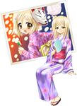  blonde_hair brown_eyes child cotton_candy fan flag fox_mask higurashi_no_naku_koro_ni italy japanese_clothes kimono long_hair mask paper_fan photo_(object) sandals takano_miyo tanashi_miyoko uchiwa uonuma_yuu younger yukata 