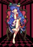  barefoot blue_hair chair checkered checkered_floor chin_rest crossed_legs dripping enone feet food fruit hat hinanawi_tenshi long_hair peach red_eyes sitting solo toes touhou vanishing_point 