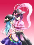  bad_id bad_pixiv_id blue_hair food fruit hat hinanawi_tenshi long_hair multiple_girls nagae_iku peach purple_hair red_eyes shawl short_hair toraneko touhou 