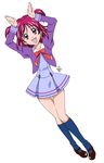  :d arms_up blue_legwear bunny_pose dutch_angle eyelashes kneehighs l'ecole_des_cinq_lumieres_school_uniform open_mouth pigeon-toed pink_eyes pink_hair ponpon precure purple_skirt school_uniform short_hair simple_background skirt smile solo twintails two_side_up white_background yes!_precure_5 yumehara_nozomi 