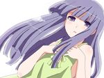  bangs bare_shoulders blue_eyes blunt_bangs camisole furude_rika hands_on_own_chest higurashi_no_naku_koro_ni mattaku_mousuke purple_eyes purple_hair sidelocks simple_background solo upper_body white_background 