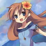  bad_id bad_pixiv_id bare_shoulders blue_eyes brown_hair day flower hair_flower hair_ornament hibiscus jewelry long_hair marin_(the_legend_of_zelda) necklace ocean outdoors sky smile solo suimya the_legend_of_zelda the_legend_of_zelda:_link's_awakening 