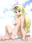  arm_support barefoot bikini blonde_hair breasts feet from_behind knee_up kusugawa_sasara large_breasts long_hair looking_back side-tie_bikini sitting solo swimsuit to_heart_2 ueyama_michirou white_bikini 