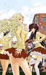  black_hair blonde_hair kim_dong-hoon leg_lift lipstick long_hair looking_back makeup makihara_madoka manhwa multiple_girls musical_note open_mouth petals purple_hair school_uniform short_hair skirt thighhighs vera_linus veritas wavy_hair white_legwear wind wind_lift yu_shinra yuhwa zettai_ryouiki 