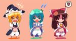  bad_id bad_pixiv_id blonde_hair bloomers bow braid brown_hair chibi detached_sleeves green_eyes green_hair hair_ribbon hakurei_reimu himegi kirisame_marisa kochiya_sanae long_hair multiple_girls red_eyes ribbon short_hair side_braid skirt skirt_lift squiggle touhou underwear yellow_eyes 