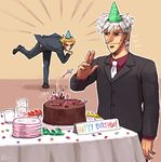  akagi akagi_shigeru birthday cake crossover emlan food hat multiple_boys mundane_utility one_outs party party_hat pastry seiyuu_connection surreal tokuchi_toua 