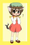  animal_ears bad_id bad_pixiv_id blush brown_eyes brown_hair cat_ears cat_tail chen chibi earrings fang hat jewelry kyokutou_hentai_samurai multiple_tails short_hair sleeves_past_wrists solo standing tail touhou 