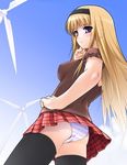  artist_request ass black_legwear blonde_hair cloud copyright_request day hairband long_hair panties plaid plaid_skirt skirt sky solo striped striped_panties thighhighs underwear upskirt windmill 